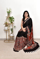 Luxury Black & Rust Ajrakh Printed Saree with Traditional Heritage Motifs & Designer Tassel Pallu