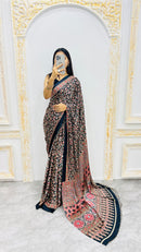 Luxury Black Printed Linen Saree with Intricate Floral Vine Design & Rich Traditional Pallu