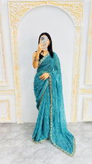 Luxury Teal Green Linen Saree with Intricate Micro Prints & Elegant Scalloped Lace Border