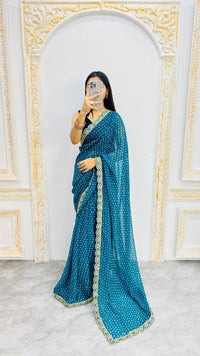 Luxury Teal Blue Bandhani Printed Saree with Elegant Scalloped Border & Timeless Festive Appeal
