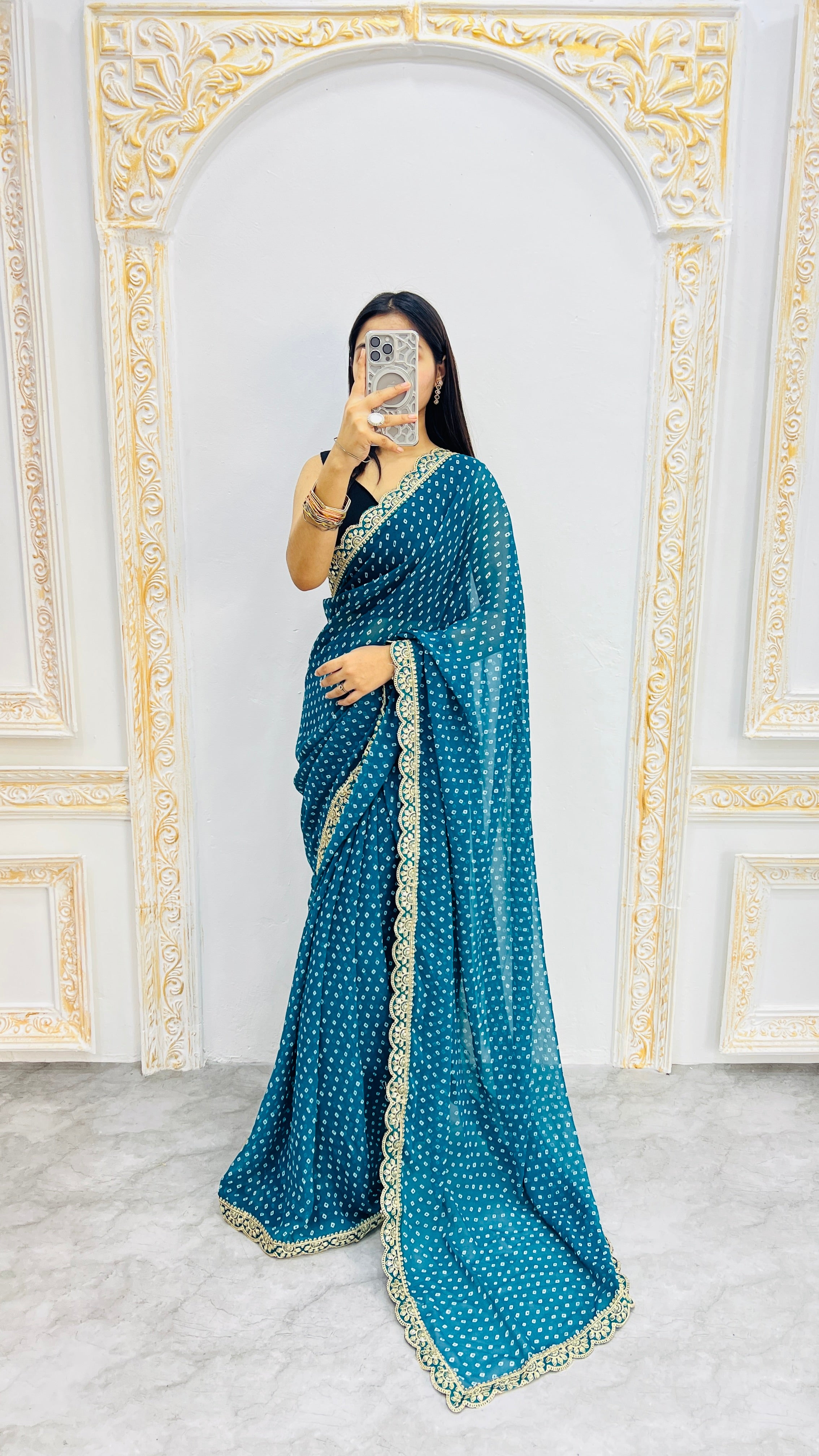 Luxury Teal Blue Bandhani Printed Saree with Elegant Scalloped Border & Timeless Festive Appeal
