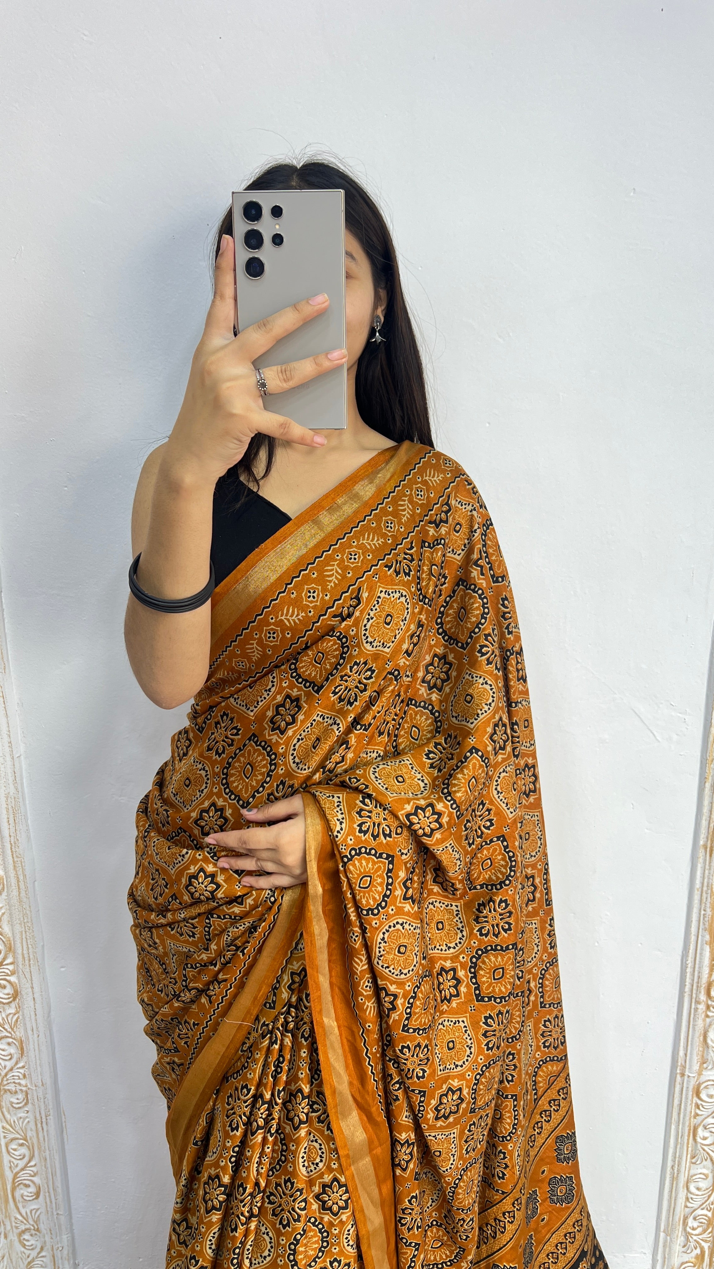 Luxury Mustard Gold Ajrakh-Inspired Printed Saree with Intricate Heritage Motifs & Grand Designer Pallu