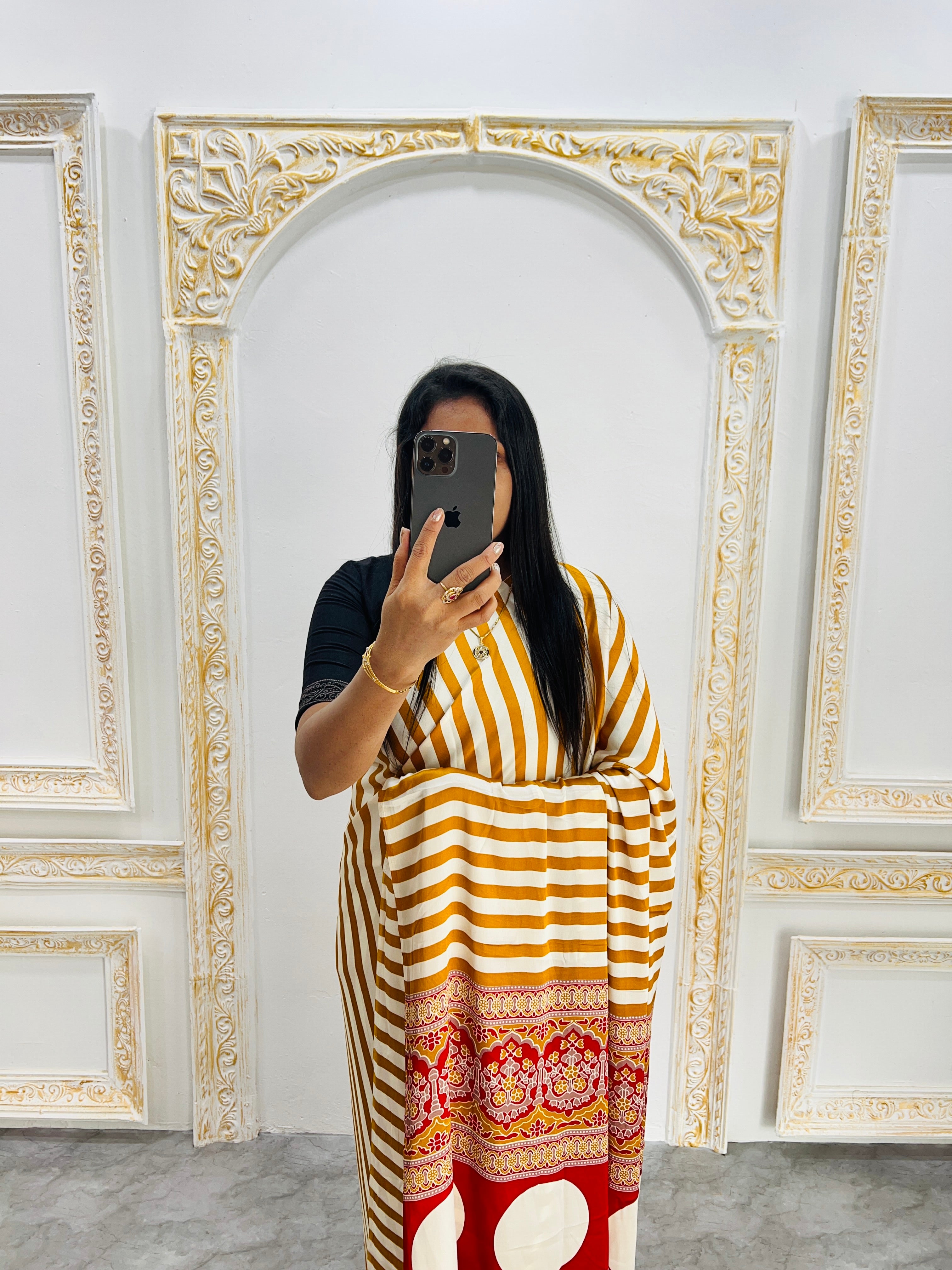 Elegant Mustard Yellow & White Striped Designer Saree with Bold Red Heritage Pallu