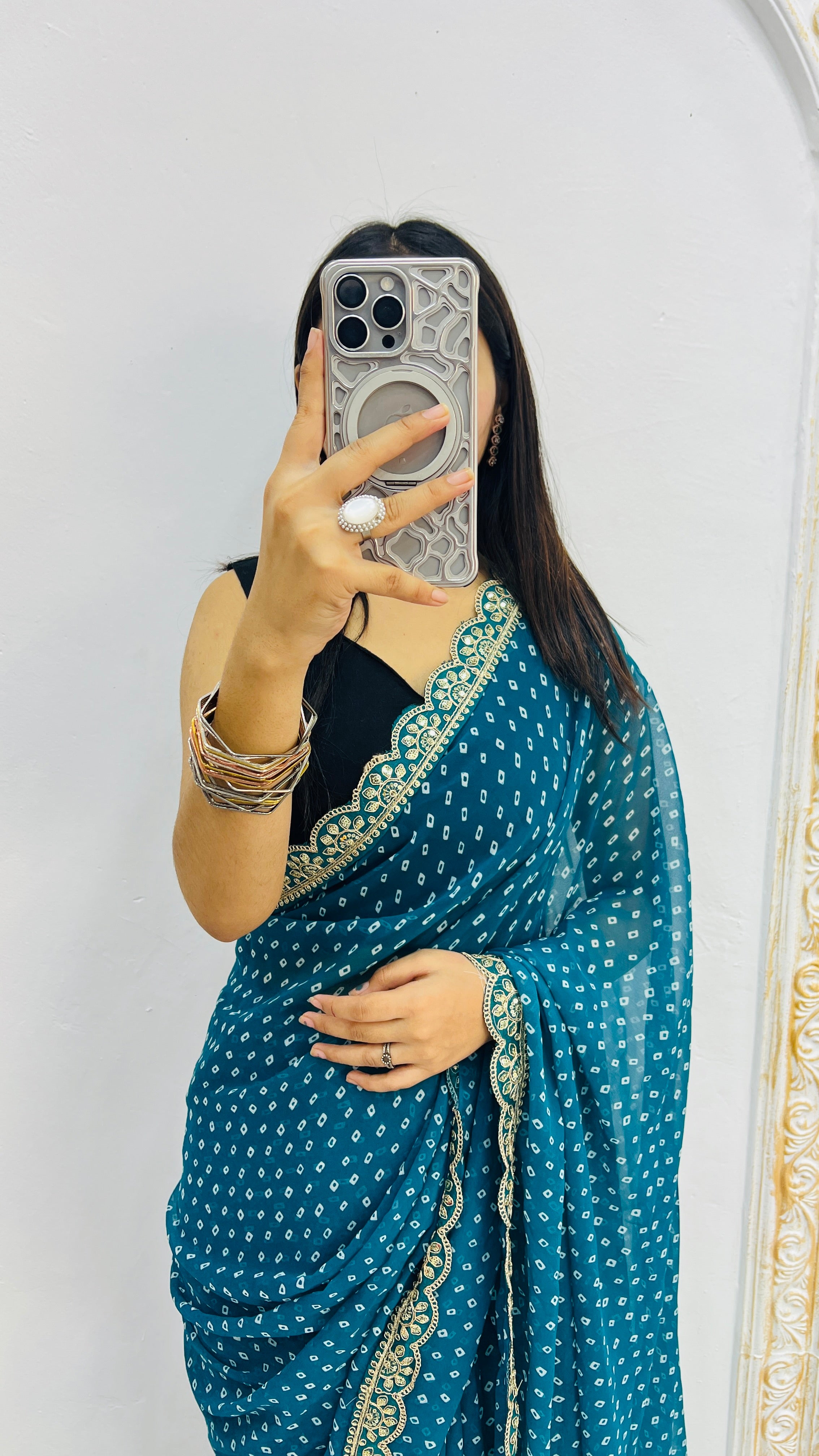 Luxury Teal Blue Bandhani Printed Saree with Elegant Scalloped Border & Timeless Festive Appeal