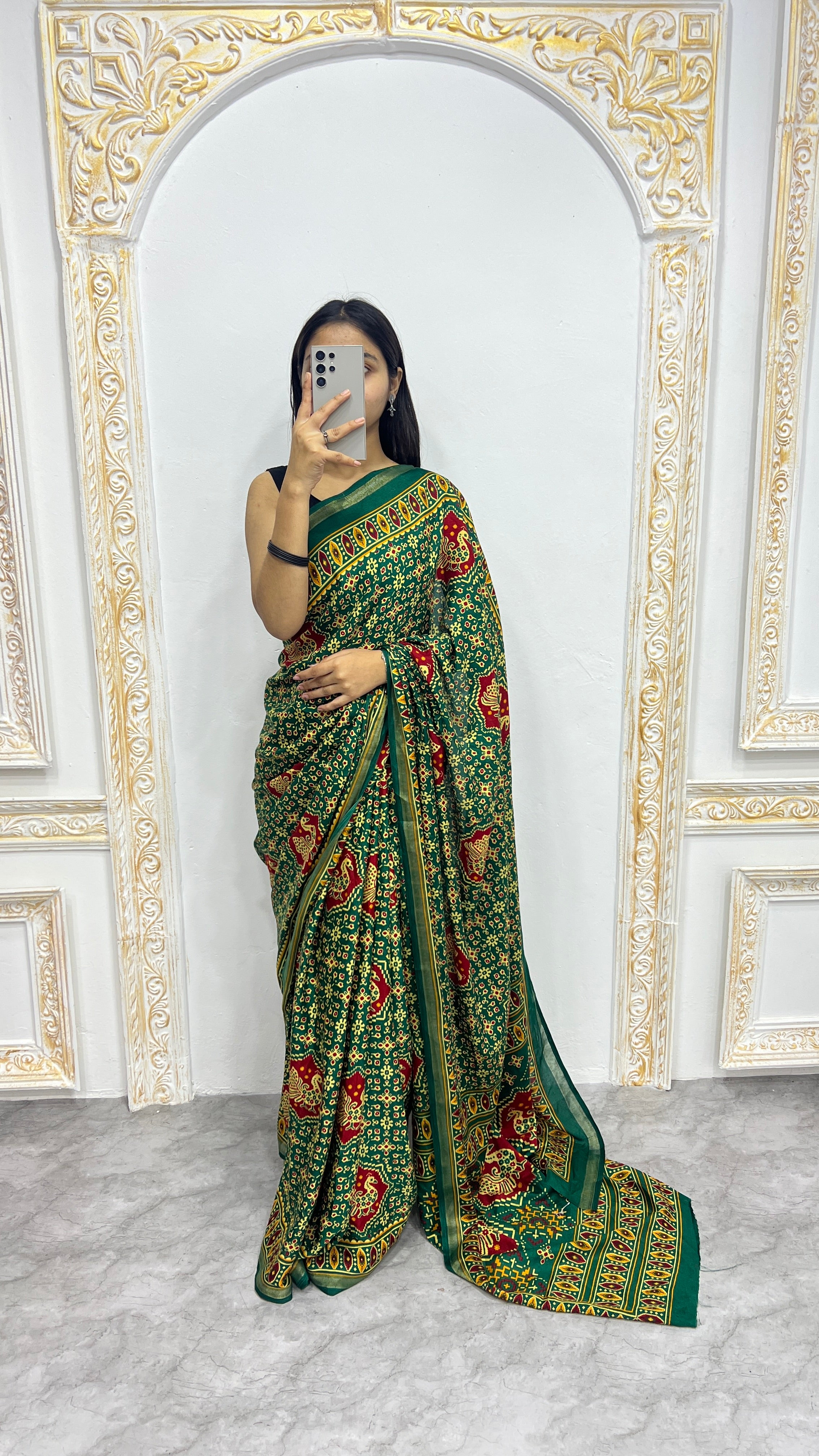 Luxury Bottle Green Heritage Printed Saree with Traditional Motifs & Rich Ethnic Border
