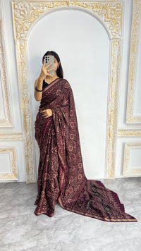 Luxury Wine Maroon Ajrakh-Inspired Printed Saree with Intricate Heritage Motifs & Grand Designer Pallu