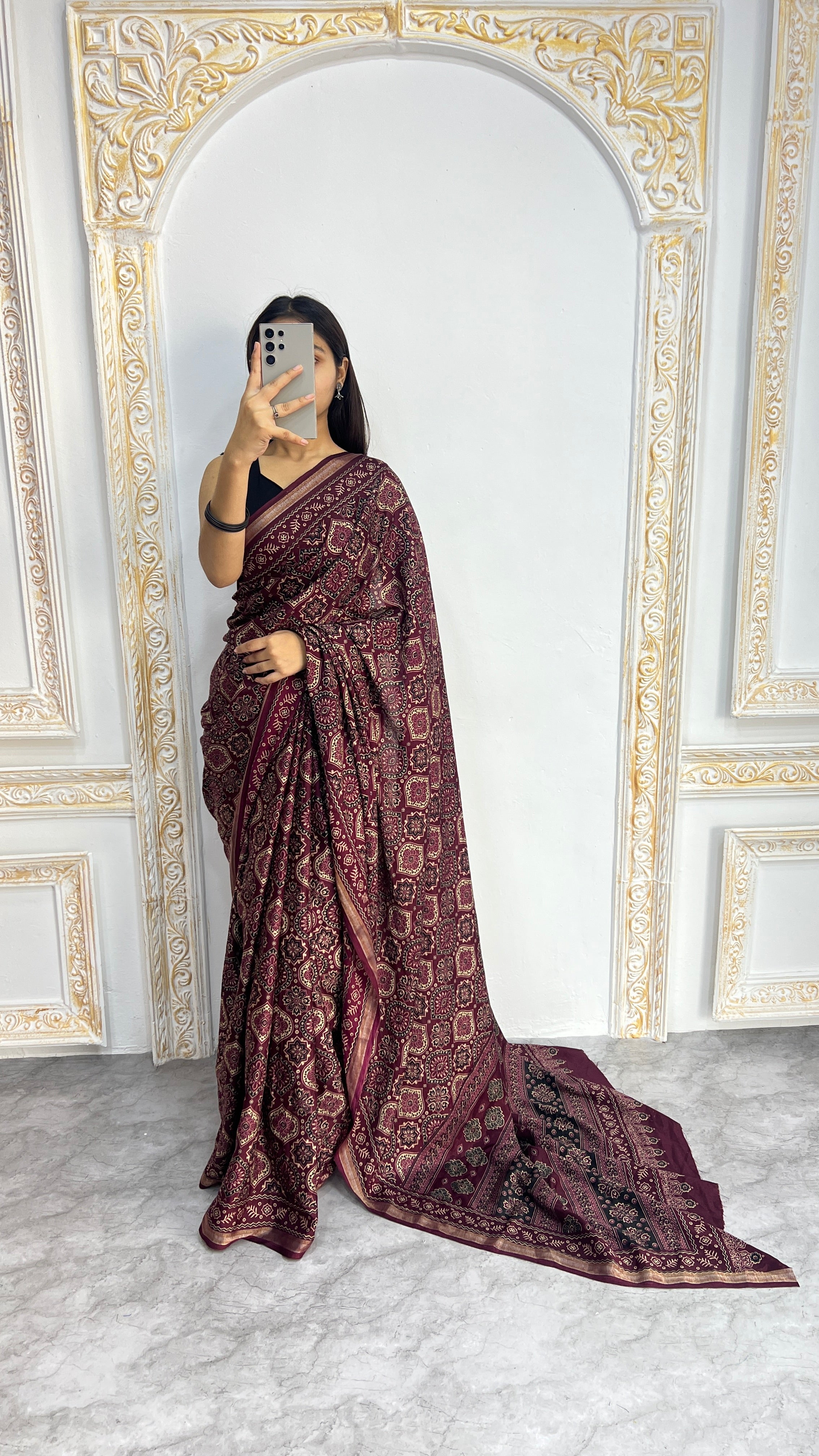 Luxury Wine Maroon Ajrakh-Inspired Printed Saree with Intricate Heritage Motifs & Grand Designer Pallu