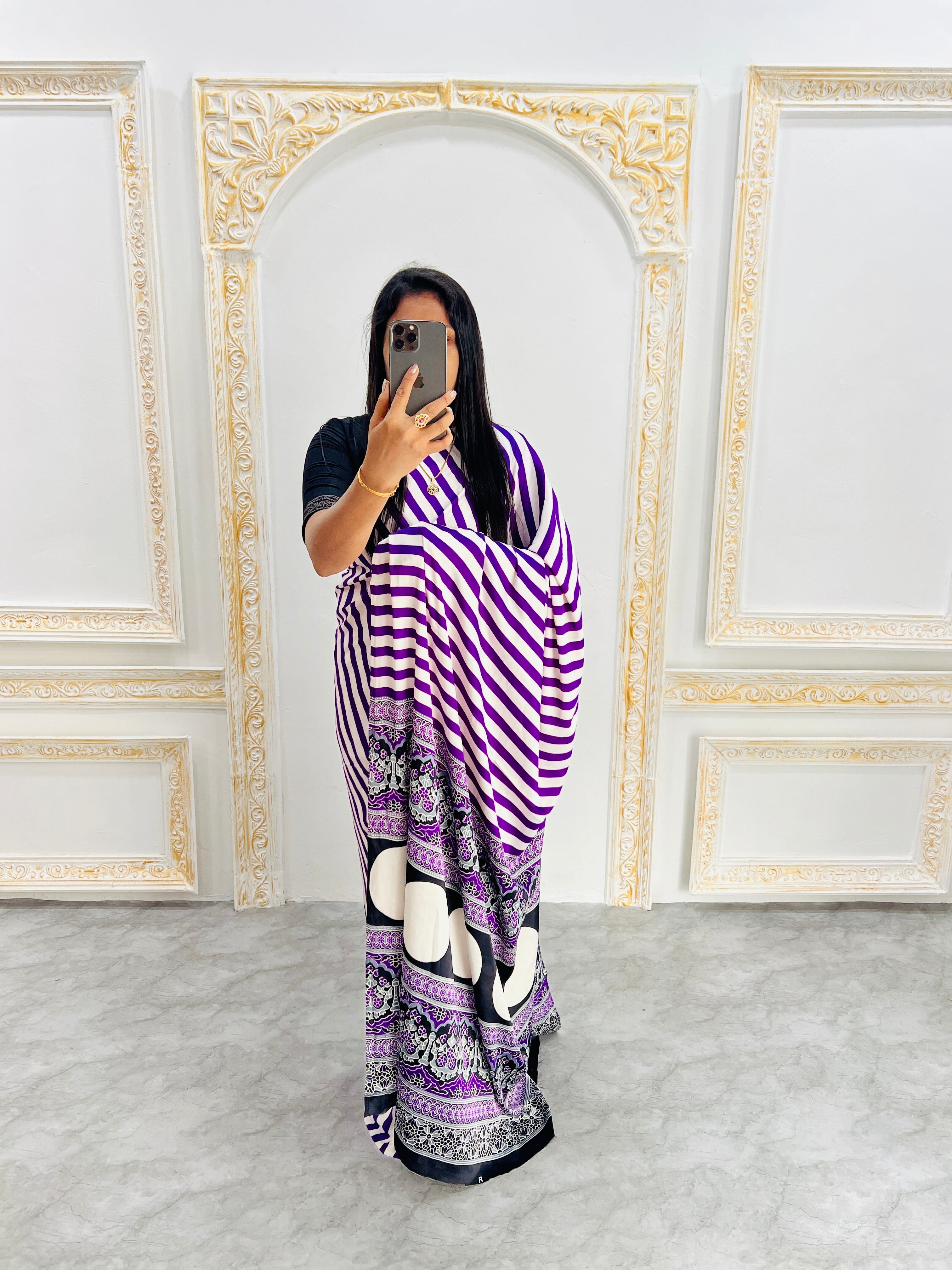 Elegant Purple & White Striped Designer Saree with Black Heritage Statement Pallu