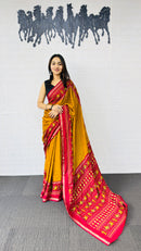 Festive Mustard Yellow Designer Saree with Vibrant Red Folk Heritage Pallu