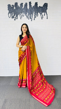 Festive Mustard Yellow Designer Saree with Vibrant Red Folk Heritage Pallu