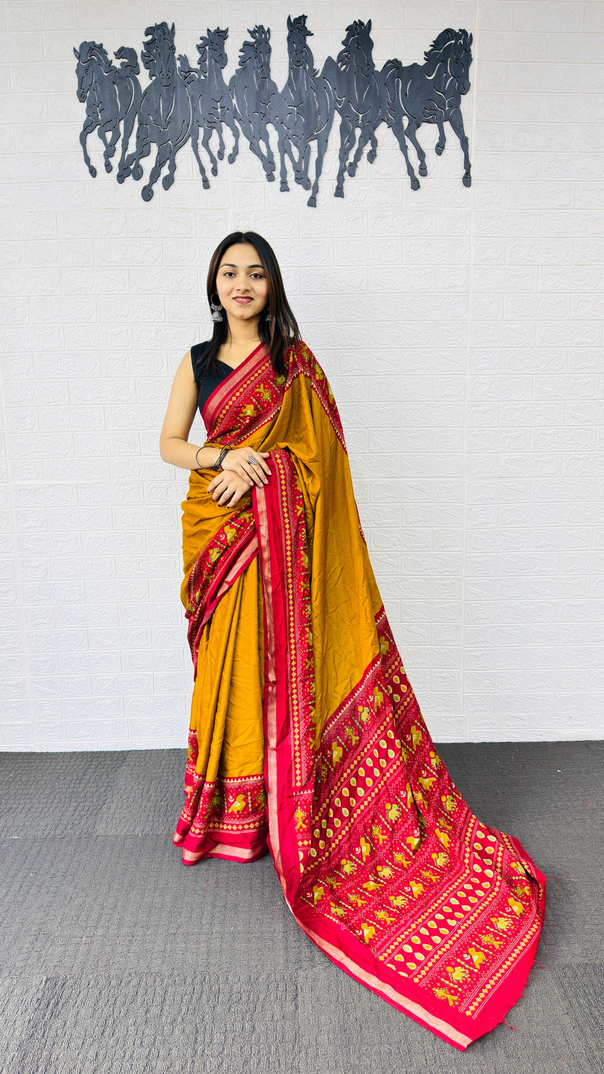 Festive Mustard Yellow Designer Saree with Vibrant Red Folk Heritage Pallu