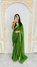 Luxury Parrot Green Bandhani Printed Saree with Elegant Scalloped Border & Vibrant Festive Charm