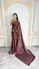 Luxury Wine Maroon Ajrakh-Inspired Printed Saree with Intricate Heritage Motifs & Grand Designer Pallu