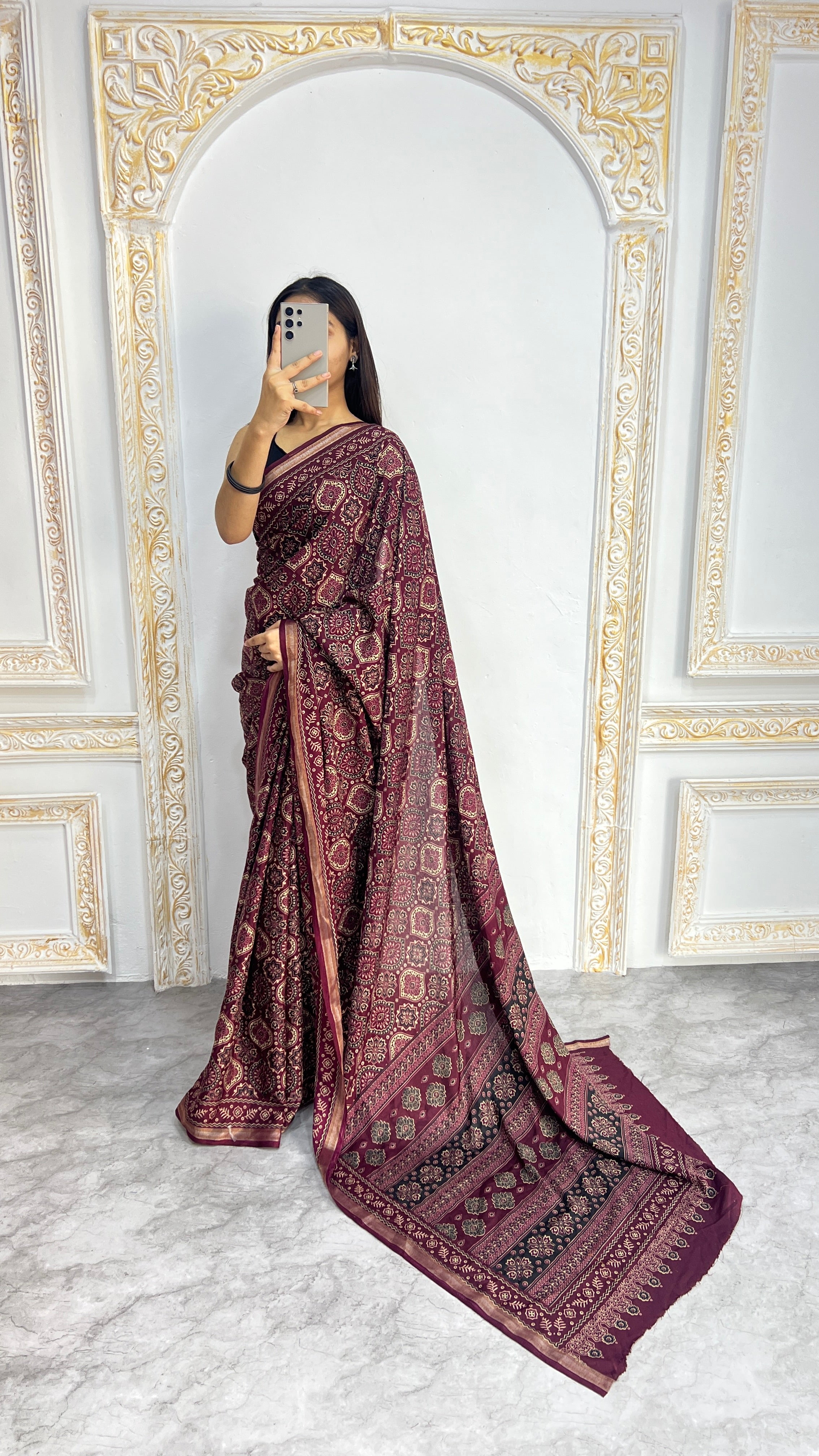 Luxury Wine Maroon Ajrakh-Inspired Printed Saree with Intricate Heritage Motifs & Grand Designer Pallu