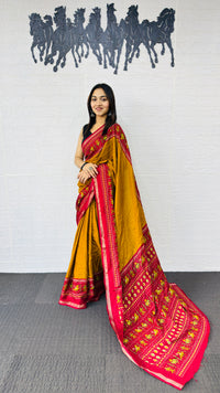 Festive Mustard Yellow Designer Saree with Vibrant Red Folk Heritage Pallu