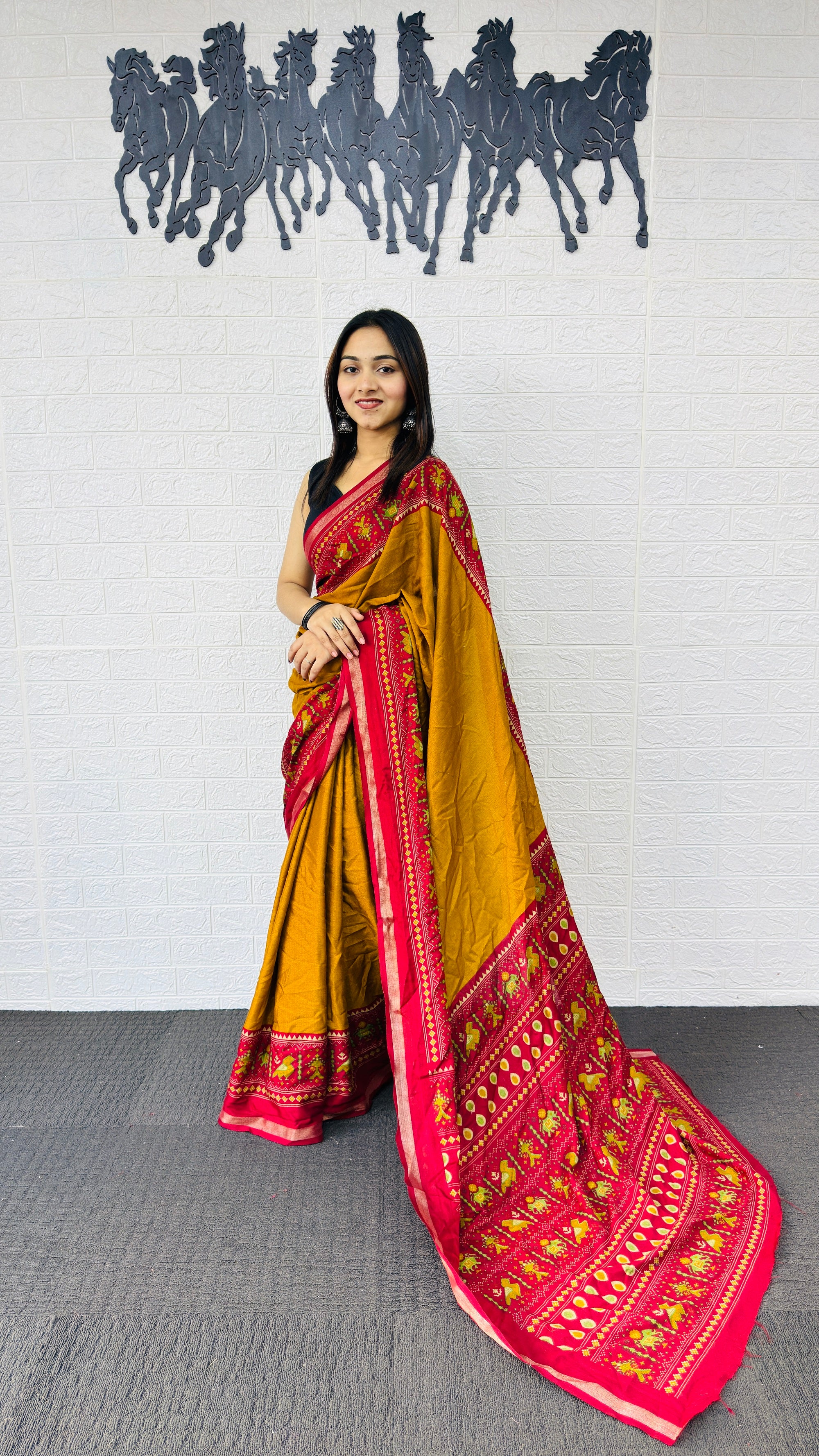 Festive Mustard Yellow Designer Saree with Vibrant Red Folk Heritage Pallu