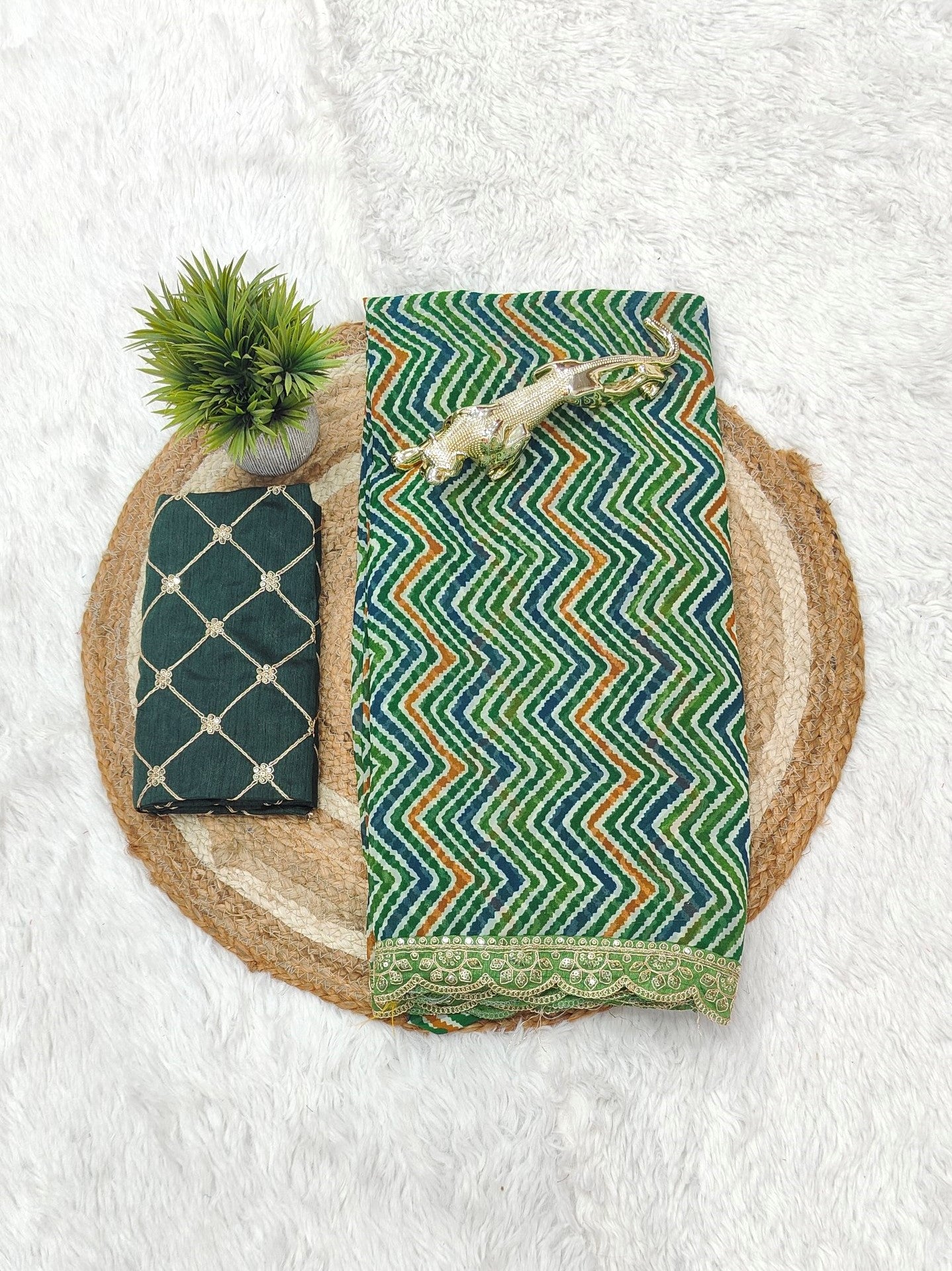 Elegant Bottle Green Zigzag Print Designer Saree with Scalloped Lace Border