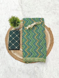 Elegant Bottle Green Zigzag Print Designer Saree with Scalloped Lace Border