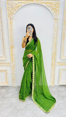 Luxury Parrot Green Bandhani Printed Saree with Elegant Scalloped Border & Vibrant Festive Charm