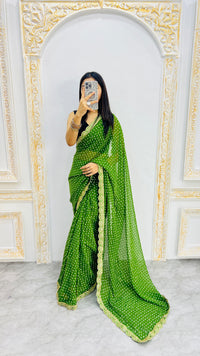 Luxury Parrot Green Bandhani Printed Saree with Elegant Scalloped Border & Vibrant Festive Charm