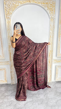 Luxury Wine Maroon Ajrakh-Inspired Printed Saree with Intricate Heritage Motifs & Grand Designer Pallu