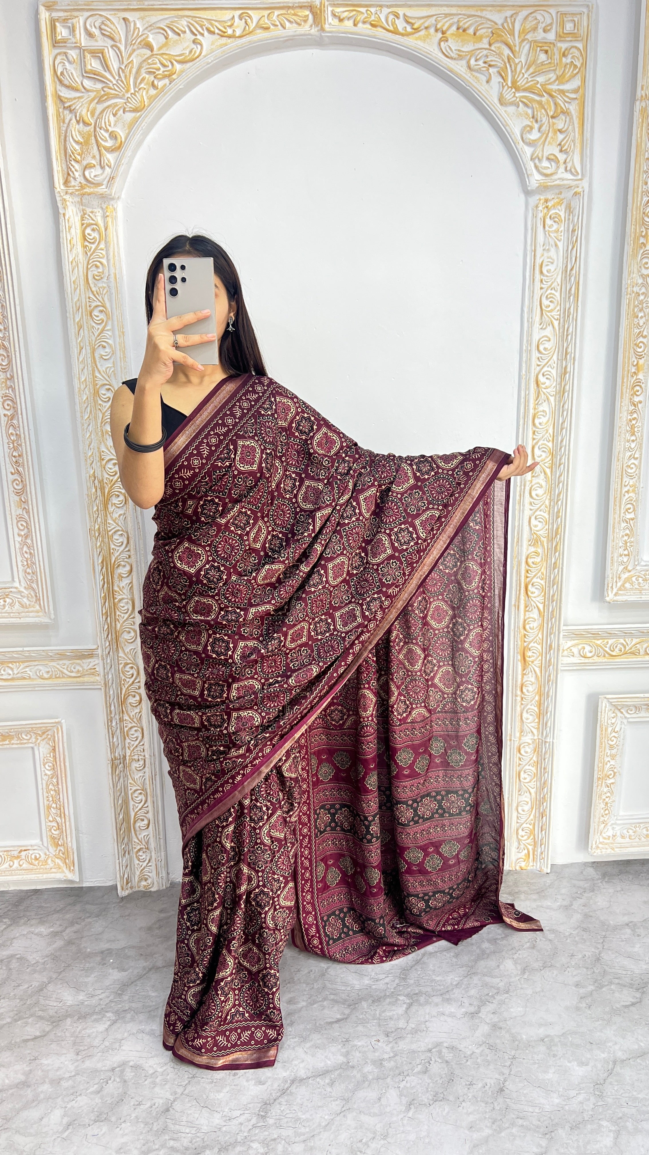 Luxury Wine Maroon Ajrakh-Inspired Printed Saree with Intricate Heritage Motifs & Grand Designer Pallu