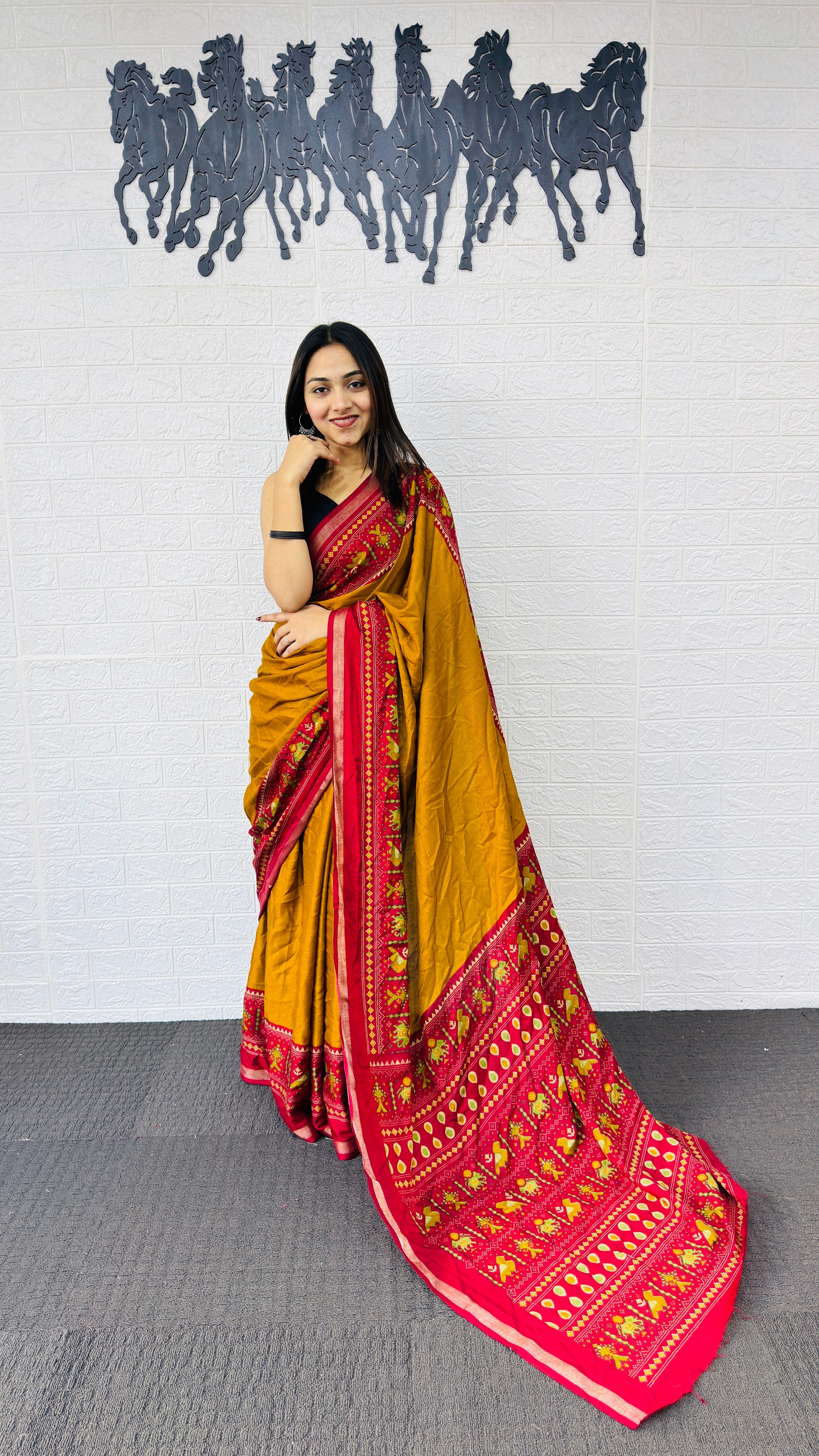 Festive Mustard Yellow Designer Saree with Vibrant Red Folk Heritage Pallu