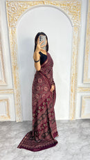 Luxury Wine Maroon Ajrakh-Inspired Printed Saree with Intricate Heritage Motifs & Grand Designer Pallu