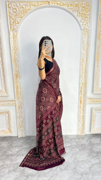 Luxury Wine Maroon Ajrakh-Inspired Printed Saree with Intricate Heritage Motifs & Grand Designer Pallu