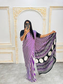 Elegant Purple & White Striped Designer Saree with Black Heritage Statement Pallu