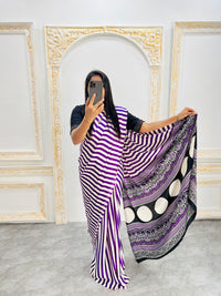 Elegant Purple & White Striped Designer Saree with Black Heritage Statement Pallu