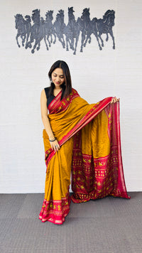 Festive Mustard Yellow Designer Saree with Vibrant Red Folk Heritage Pallu