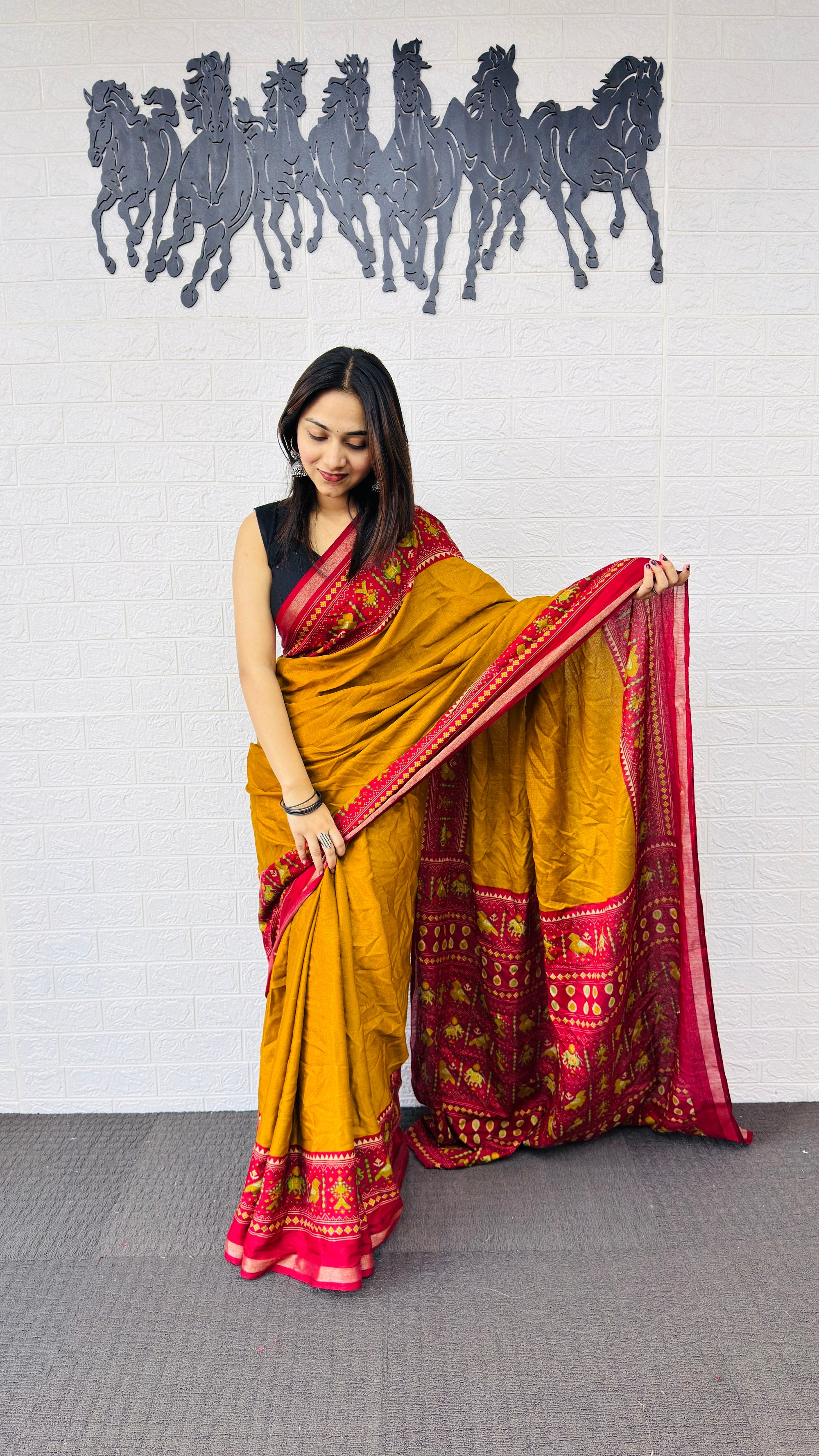 Festive Mustard Yellow Designer Saree with Vibrant Red Folk Heritage Pallu