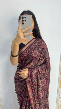Luxury Wine Maroon Ajrakh-Inspired Printed Saree with Intricate Heritage Motifs & Grand Designer Pallu