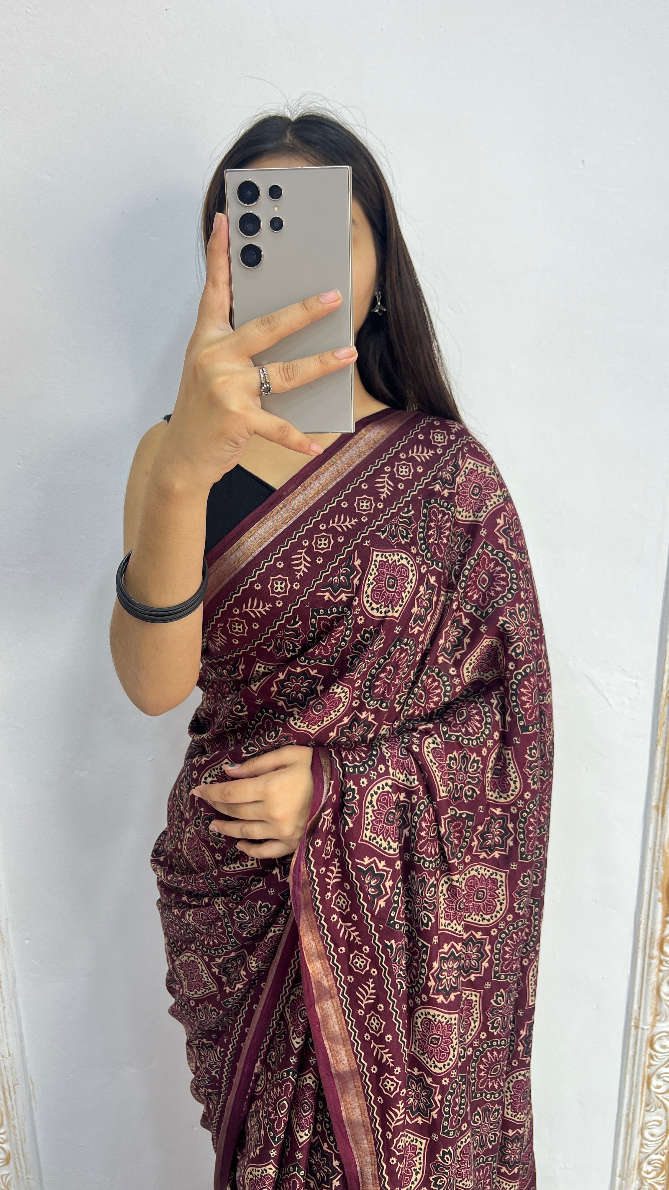 Luxury Wine Maroon Ajrakh-Inspired Printed Saree with Intricate Heritage Motifs & Grand Designer Pallu
