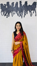 Festive Mustard Yellow Designer Saree with Vibrant Red Folk Heritage Pallu