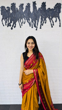 Festive Mustard Yellow Designer Saree with Vibrant Red Folk Heritage Pallu