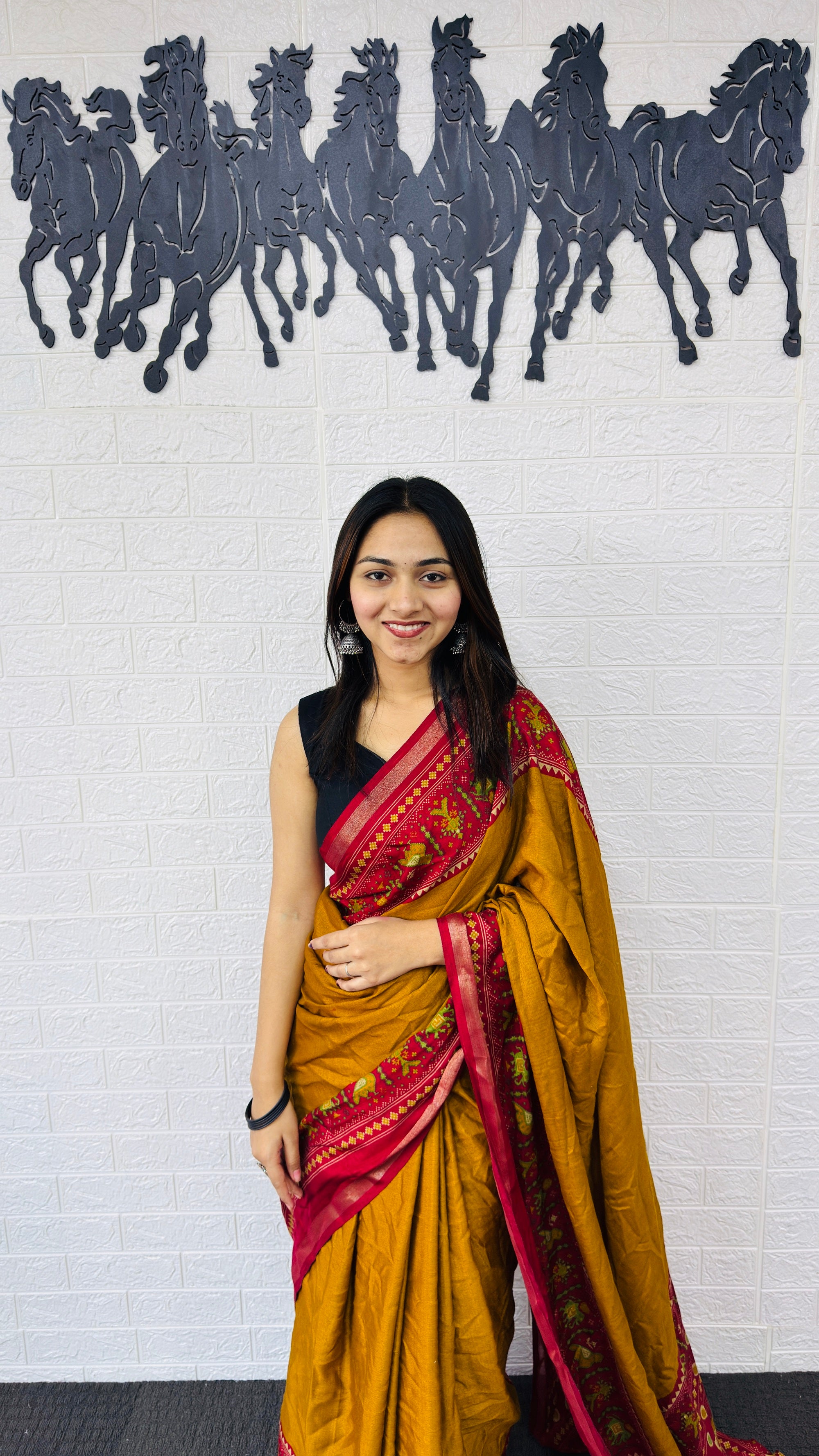 Festive Mustard Yellow Designer Saree with Vibrant Red Folk Heritage Pallu