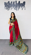 Classic Crimson Red Designer Saree with Deep Green Folk Heritage Border