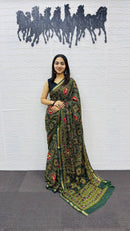 Elegant Bottle Green Patola Silk Saree with Multicolor Traditional Weaving | Premium Festive & Cultural Wear