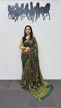 Elegant Bottle Green Patola Silk Saree with Multicolor Traditional Weaving | Premium Festive & Cultural Wear