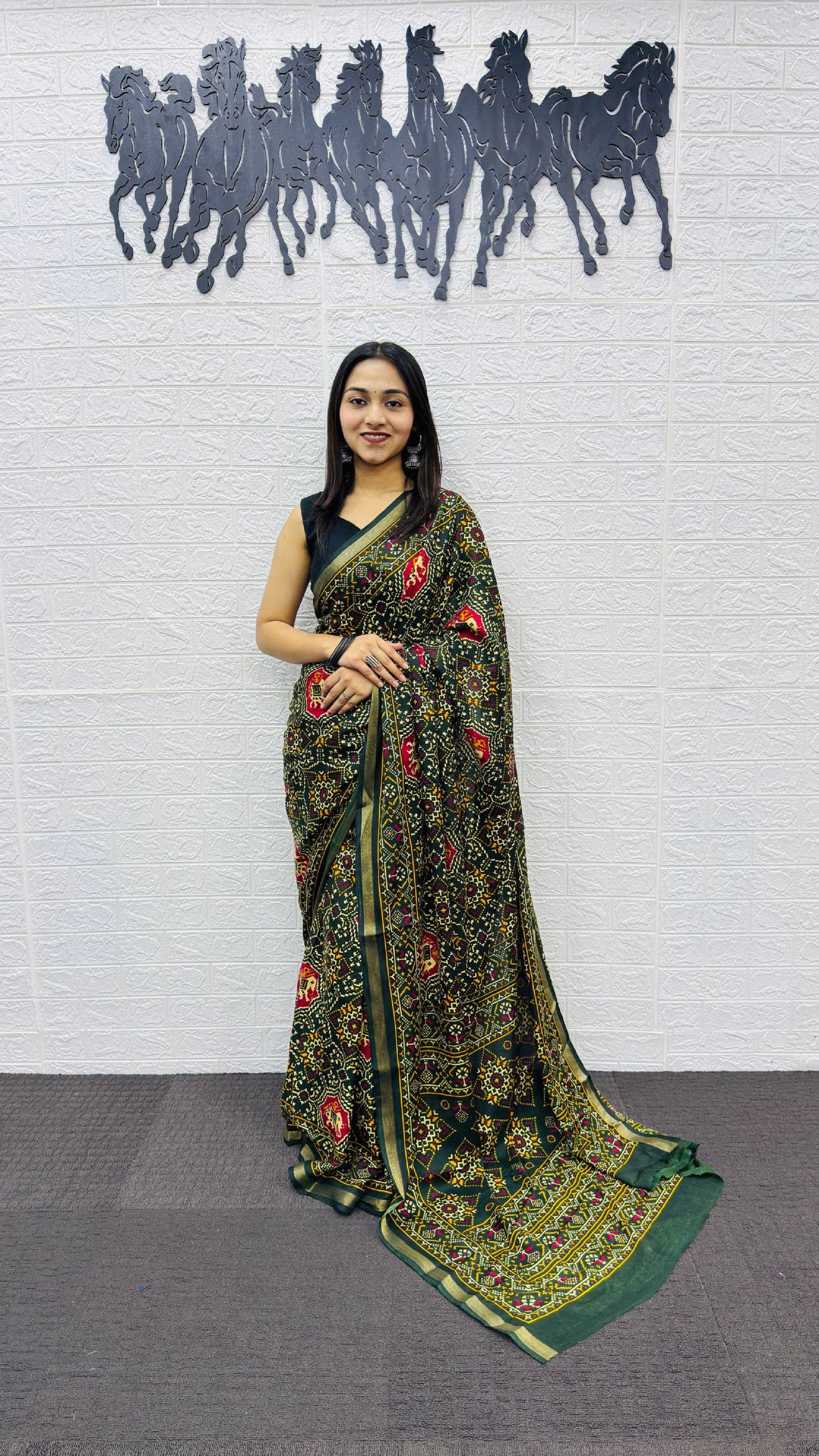 Elegant Bottle Green Patola Silk Saree with Multicolor Traditional Weaving | Premium Festive & Cultural Wear