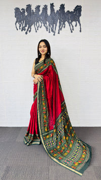 Classic Crimson Red Designer Saree with Deep Green Folk Heritage Border