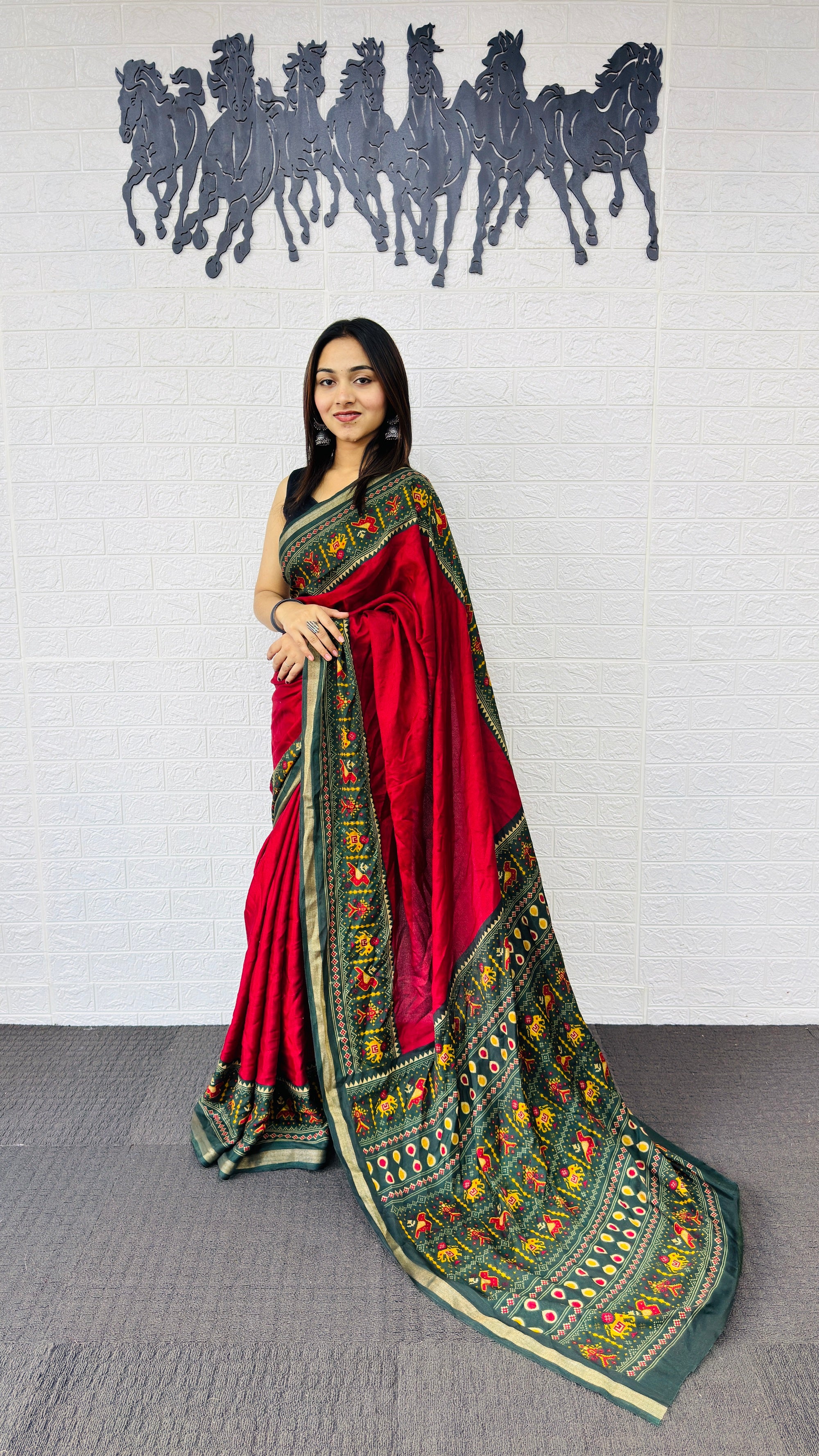 Classic Crimson Red Designer Saree with Deep Green Folk Heritage Border