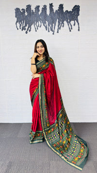 Classic Crimson Red Designer Saree with Deep Green Folk Heritage Border