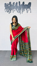 Classic Crimson Red Designer Saree with Deep Green Folk Heritage Border
