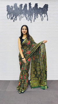 Elegant Bottle Green Patola Silk Saree with Multicolor Traditional Weaving | Premium Festive & Cultural Wear