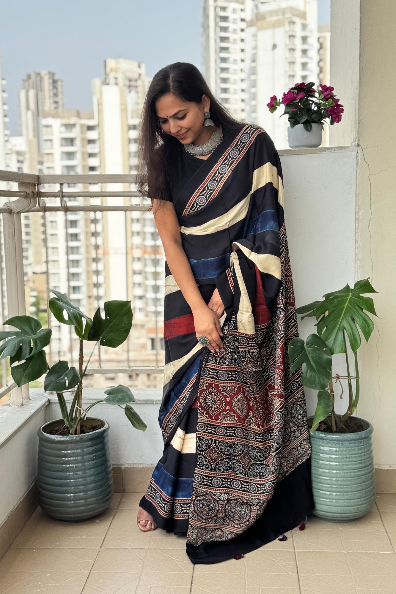 Midnight Ivory Ajrakh Silk Saree with Heritage Panel Pallu Design