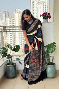 Midnight Ivory Ajrakh Silk Saree with Heritage Panel Pallu Design