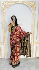 Royal Crimson Mal Mal Silk Saree with Antique Gold Floral Zari Elegance